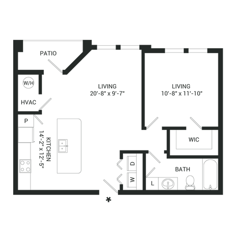 Floor plan for 1 bed, 1 bath, 656 sqft